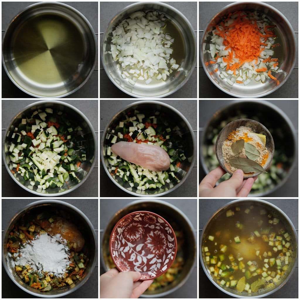 Verhit de olijfolie in een pan op middelhoog vuur. Voeg de gele ui, wortel, courgette, knoflook en groene paprika toe. Bak 3-4 minuten. Voeg de kipfilet, ras el hanout, kurkuma, zwarte peper, gemberpoeder, knoflookpoeder, het zout en laurierblaadjes toe, en verkruimel het kippenbouillonblokje boven de pan. Voeg de bloem toe en meng goed. Bak een minuut. Voeg het gekookt water toe en breng aan de kook. Zet het vuur laag en kook, afgedekt, 25 minuten.