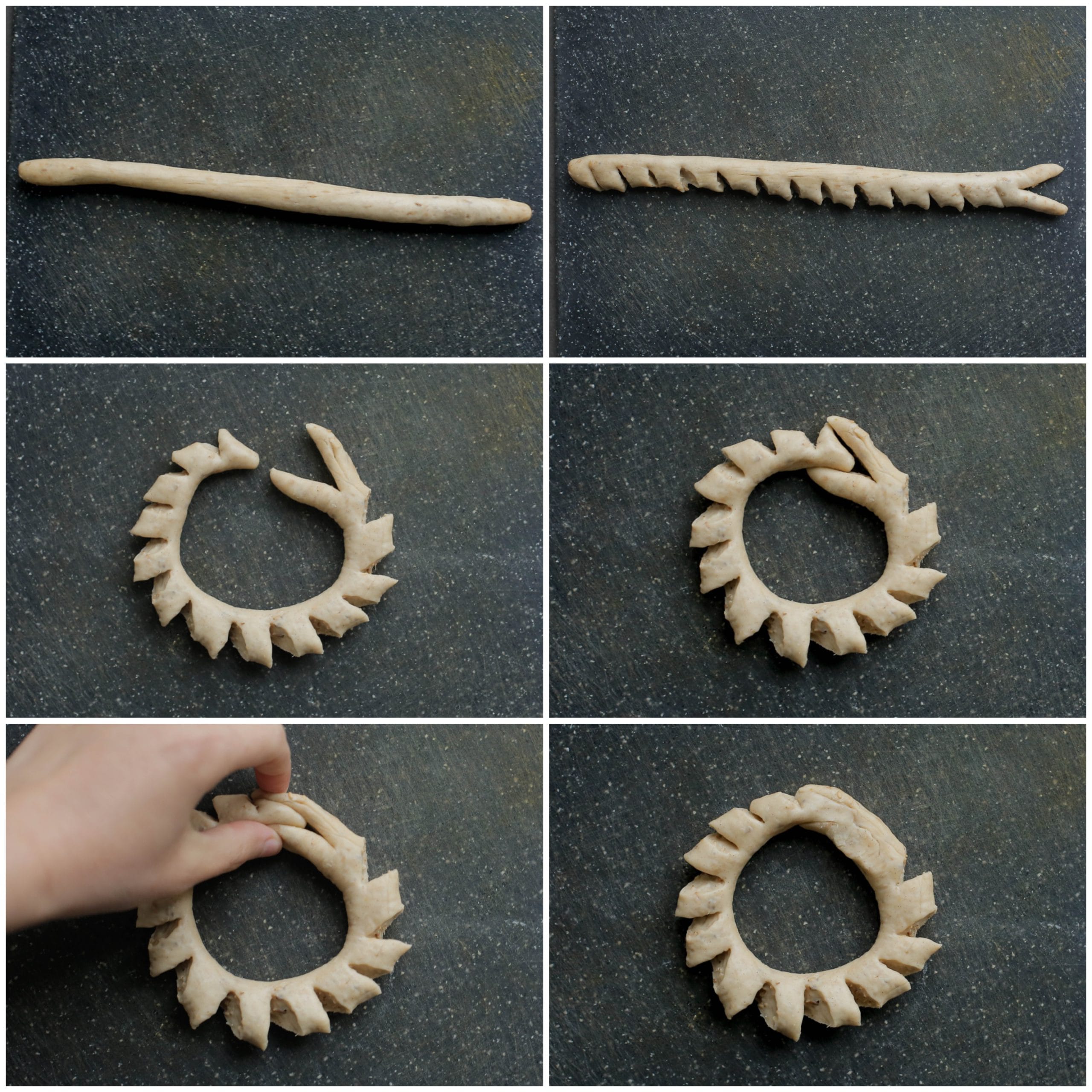 Ka'ak deeg patroon maken met een mes en dicht maken-vormen tot een cirkel