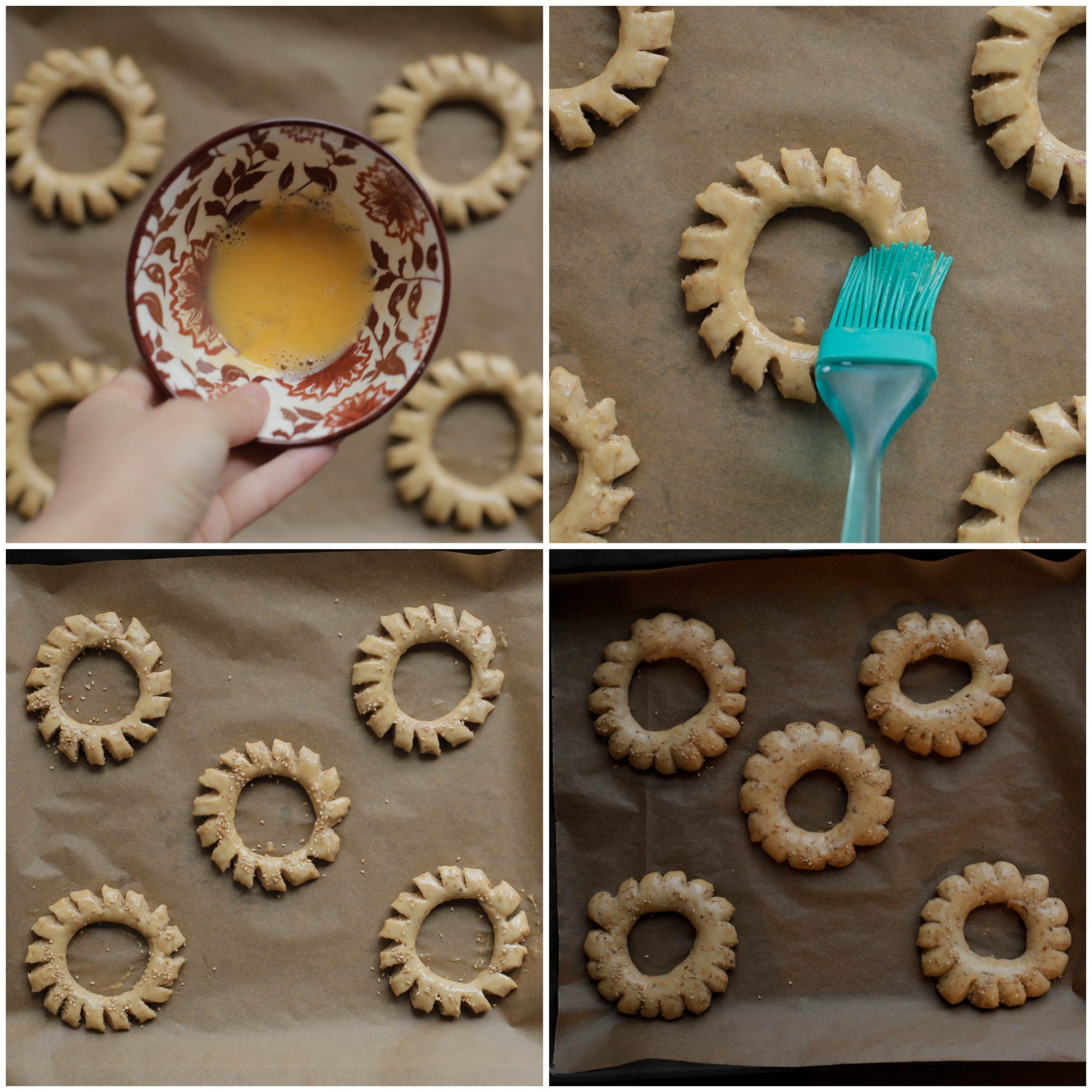 Ka'ak koekjesdeeg bestrijken met ei en garneren met sesamzaad