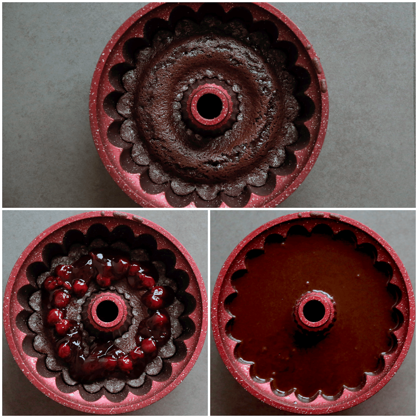 Kersenvlaai en cakebeslag toevoegen in de bakvorm