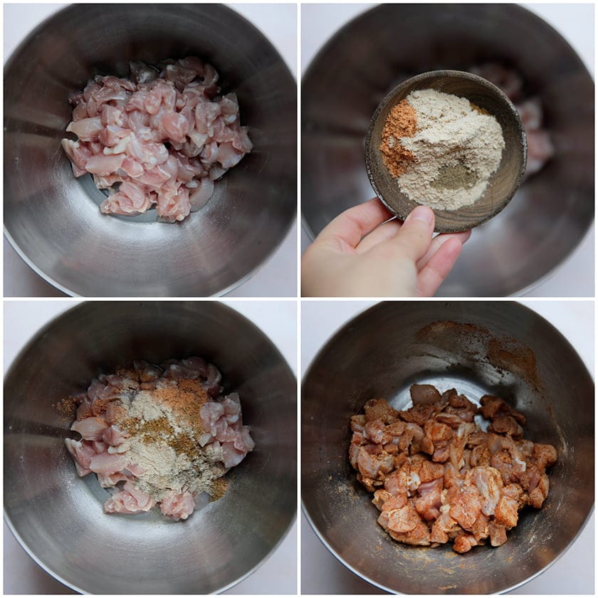 Kip goed mengen met de kruiden in een diepe kom