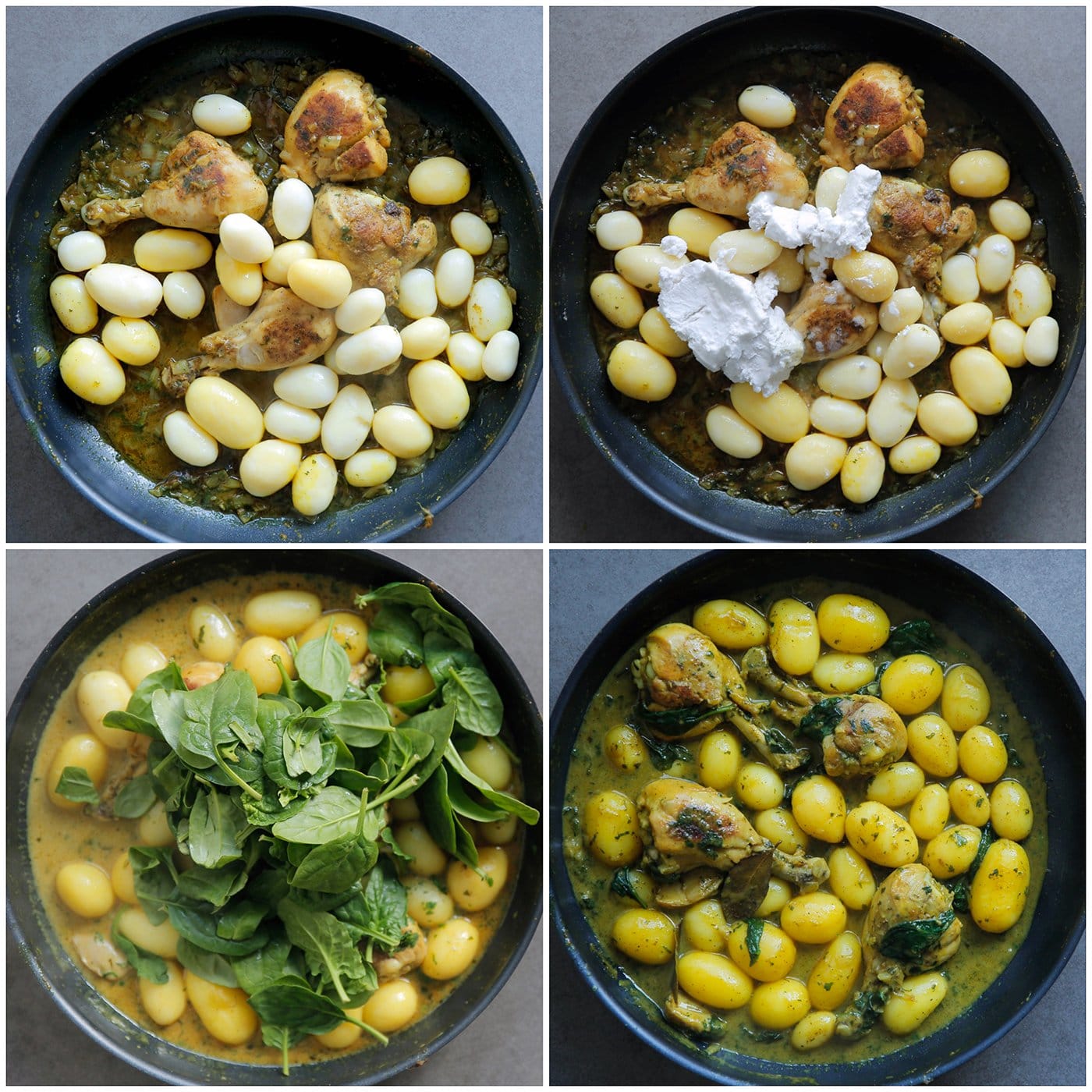 Kip koken met krietjes, kokosmelk en spinazie