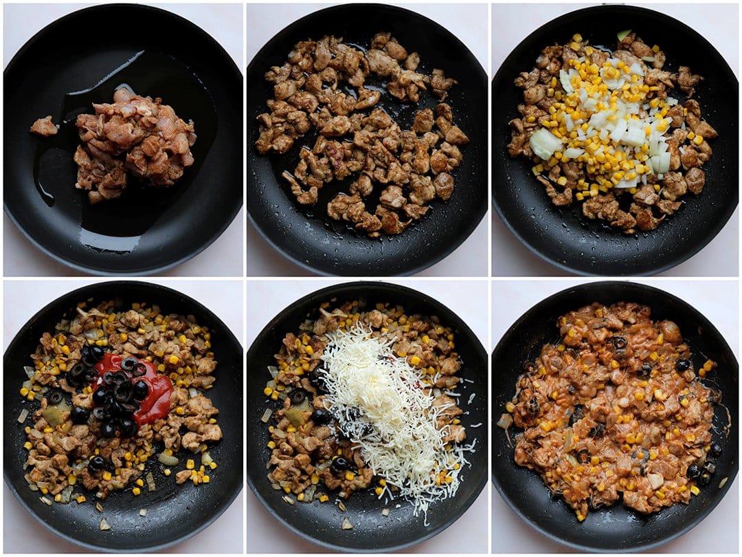 Kipstukjes gaar bakken met groenten, tomatenpuree, olijven en kaas