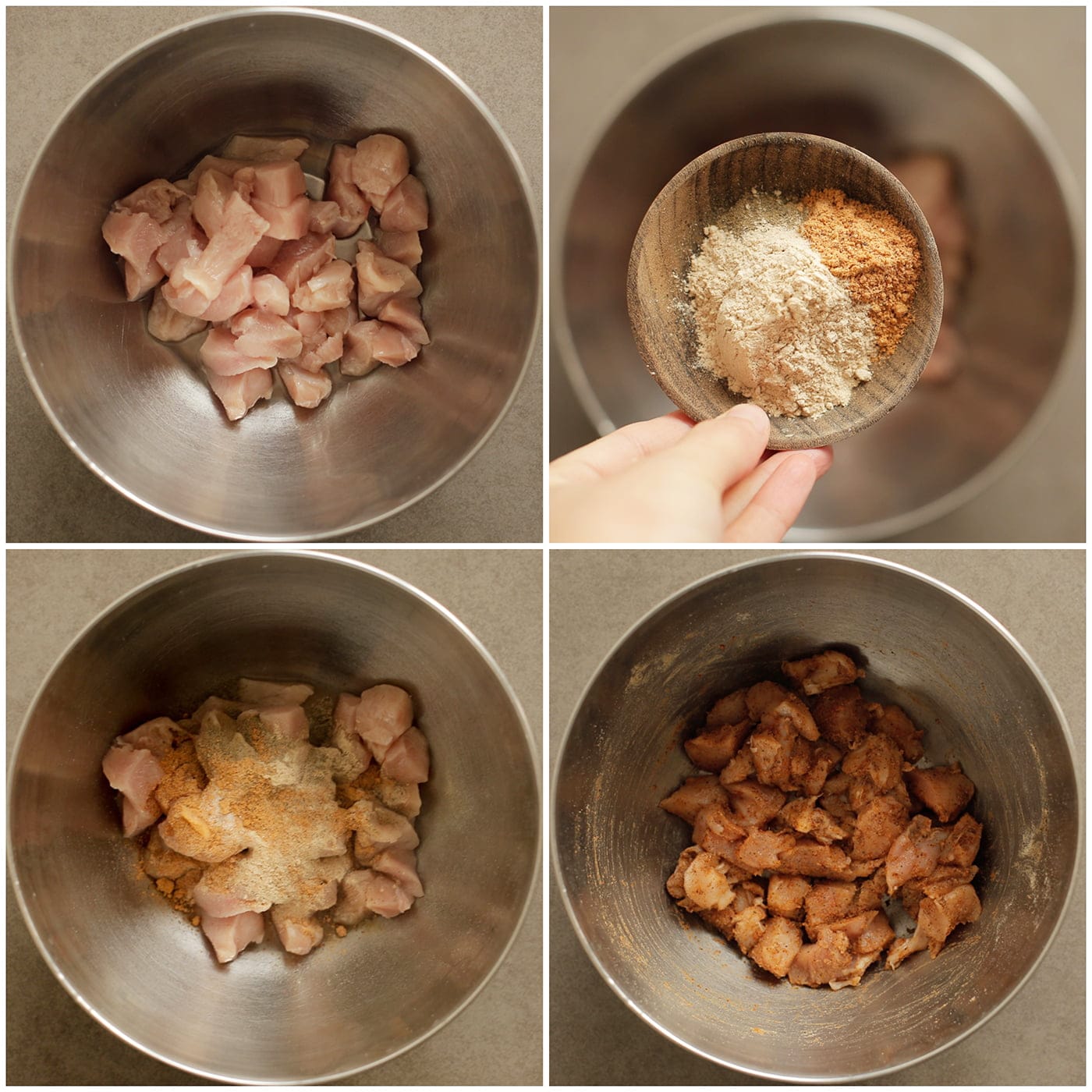 Kipstukjes mengen met kruiden in een diepe kom