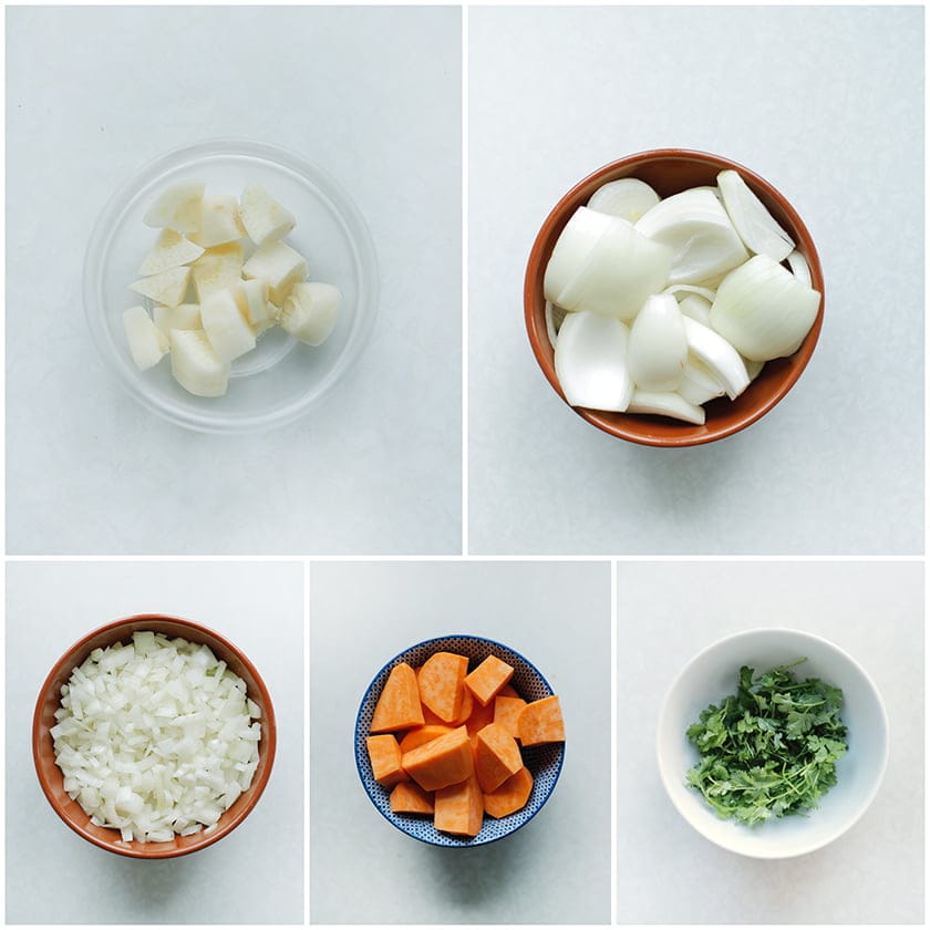 Knoflook, gele ui, zoete aardappel en koriander