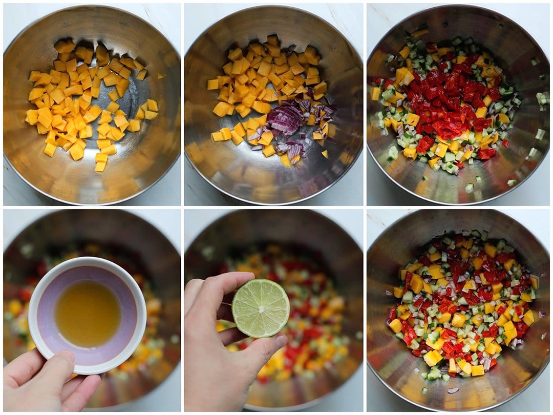Mango mengen met groenten, limoen en olijfolie tot een geheel