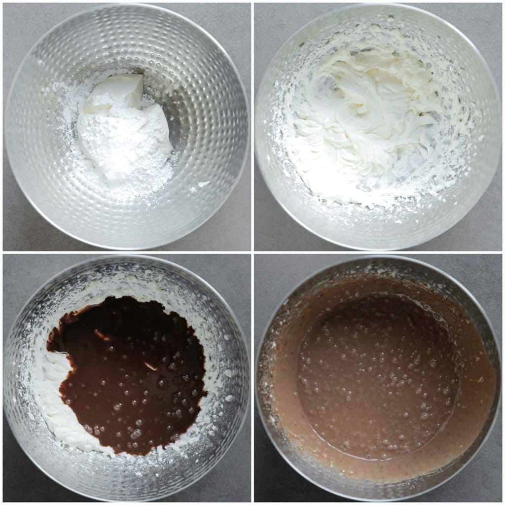 Doe de mascarpone samen met de poedersuiker in een kom en mix tot een gladde massa. Voeg de afgekoelde melkchocolade ganache toe en mix goed.