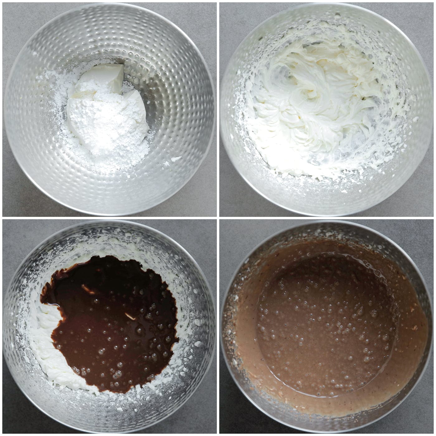 Mascarpone mengen met ganache tot een gladde massa in een diepe kom