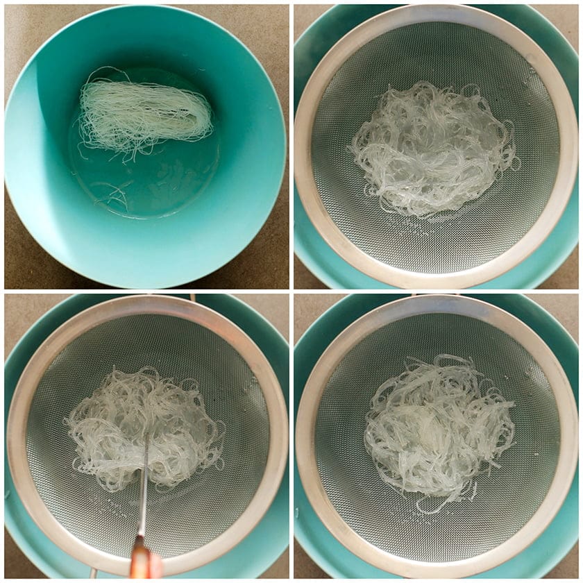 Mihoen zacht laten worden in gekookt water en knippen tot kleine stukken