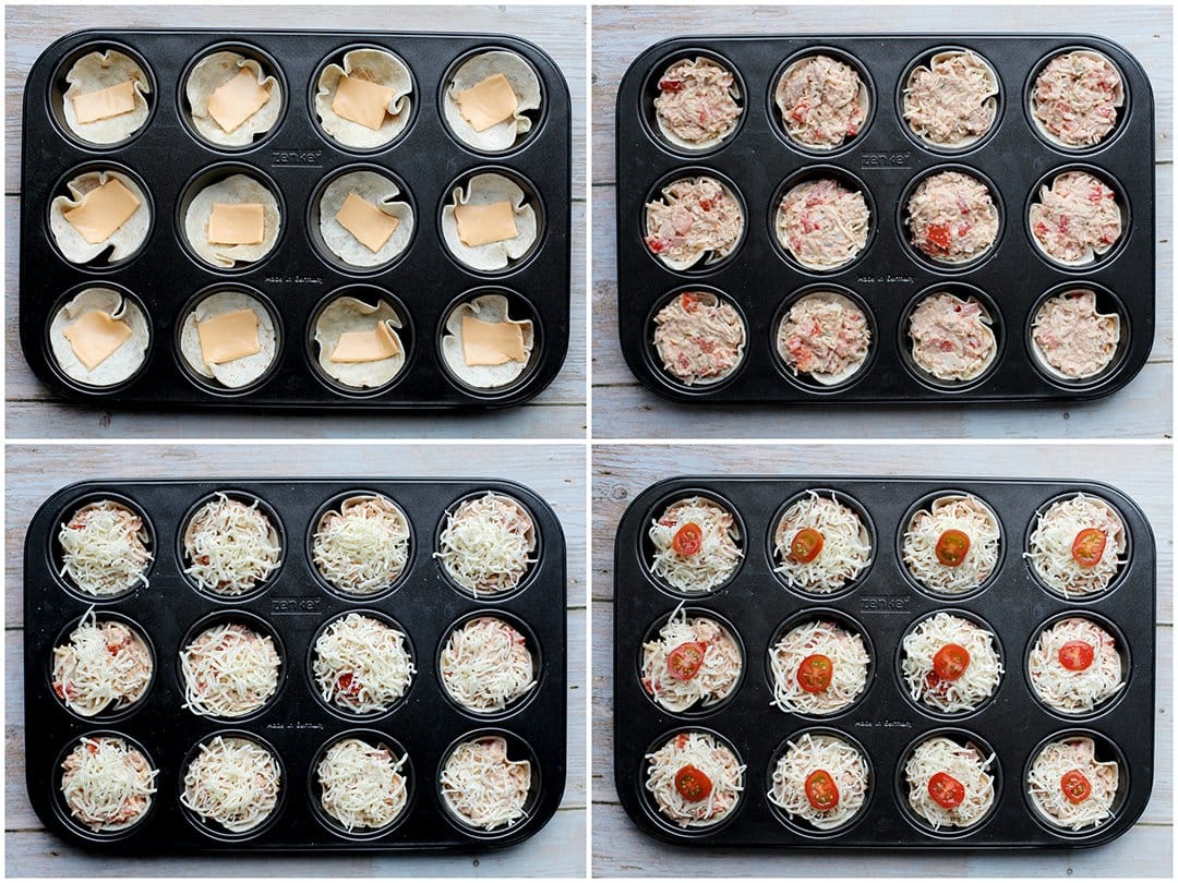 Mini tortilla wraps vullen met het tonijnmengsel en kaas