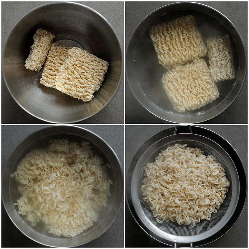 Noedels in gekookt water totdat ze zacht zijn en het water uit laten lekken