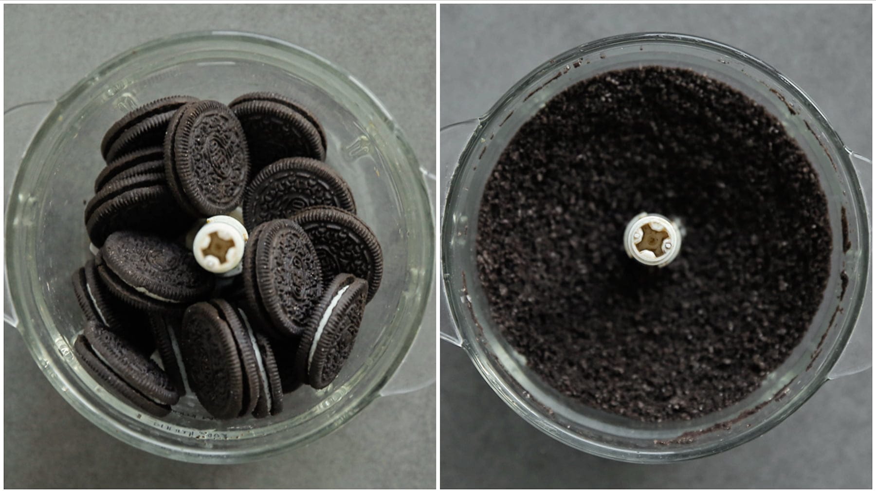 Oreo koek fijnmalen in een hakmolen
