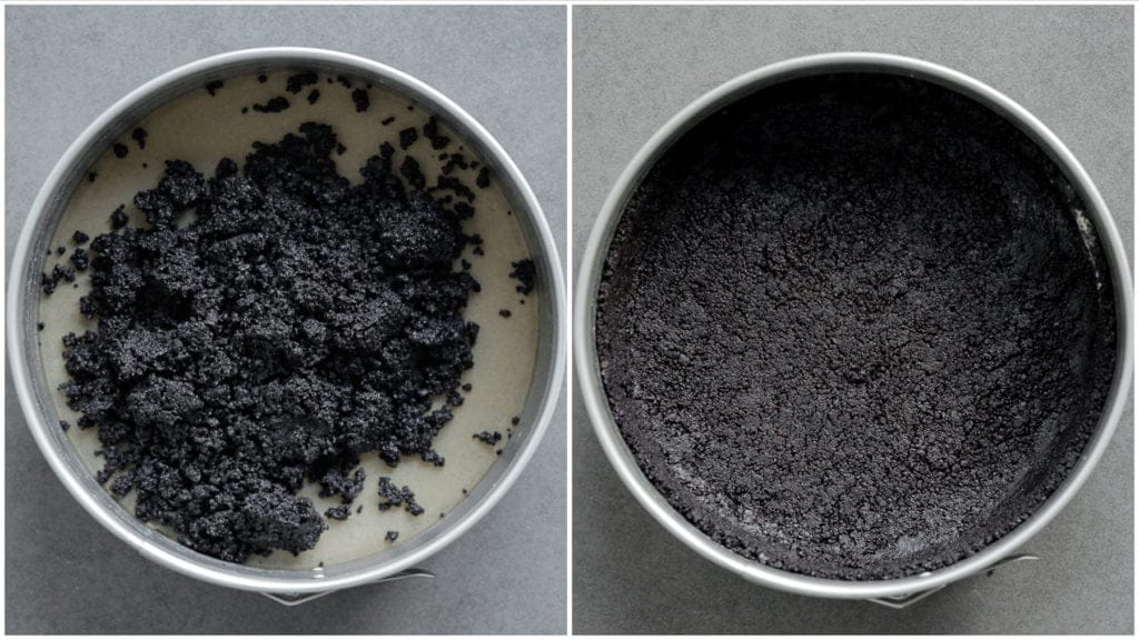 Verdeel het koekjesdeeg over een bakvorm bekleed met bakpapier en druk goed aan, ook aan de zijkanten. Leg afgedekt in de vriezer.