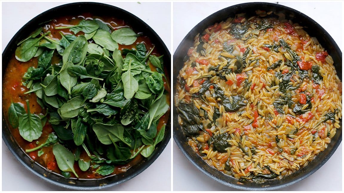 Orzo gaar koken met spinazie