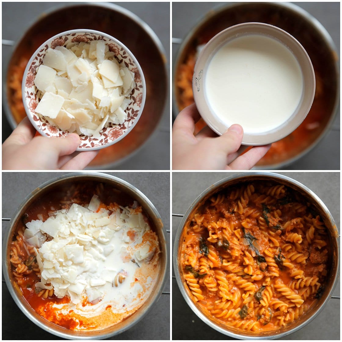 Pasta in gehaktsaus koken met parmezaanse kaas en slagroom in een pan