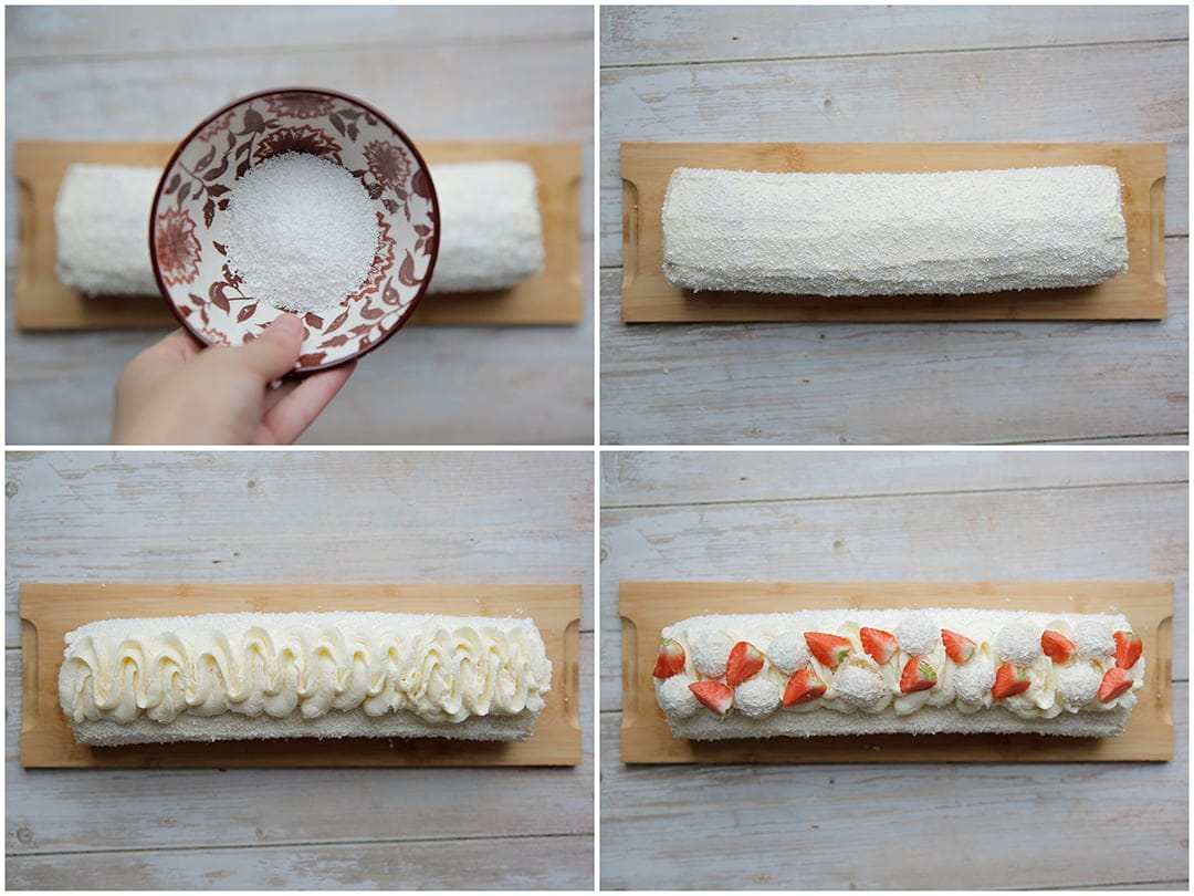 Raffaello rolcake garneren met geraspte kokos, room, aardbei en raffaello's