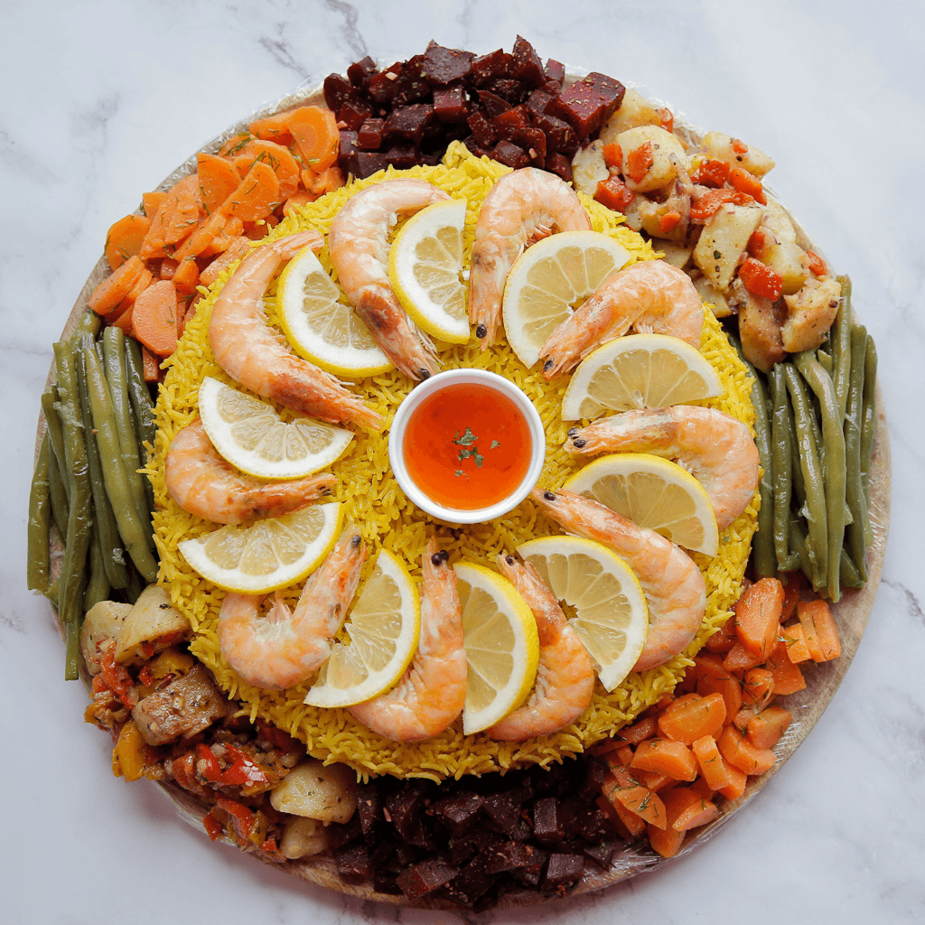 Garneer de rijsttaart met gebakken garnalen, citroen en chilisaus.