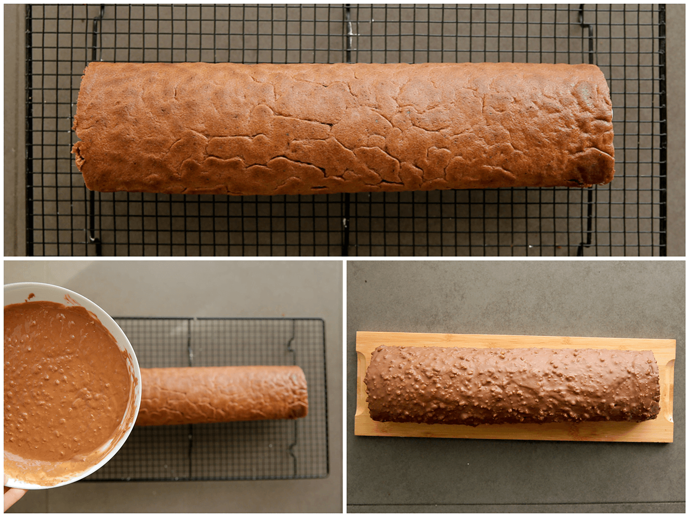 Rolcake bedekken met een chocolade-pindamengsel