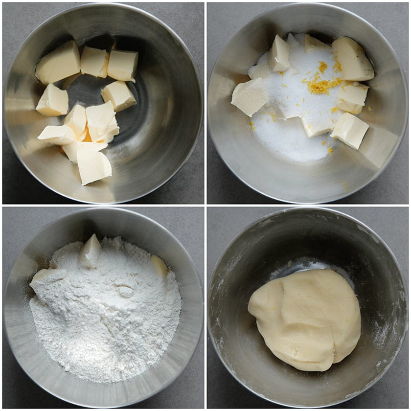 Roomboter kneden met basterdsuiker, zout en citroen tot een samenhangend deeg