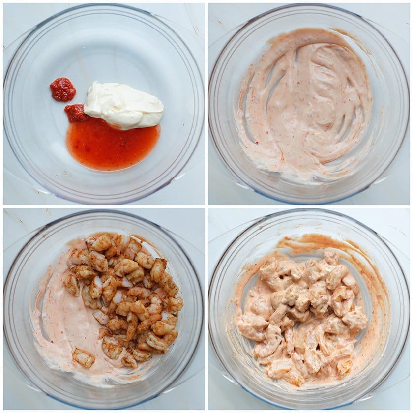 Saus mengen en garnalen toevoegen tot een geheel