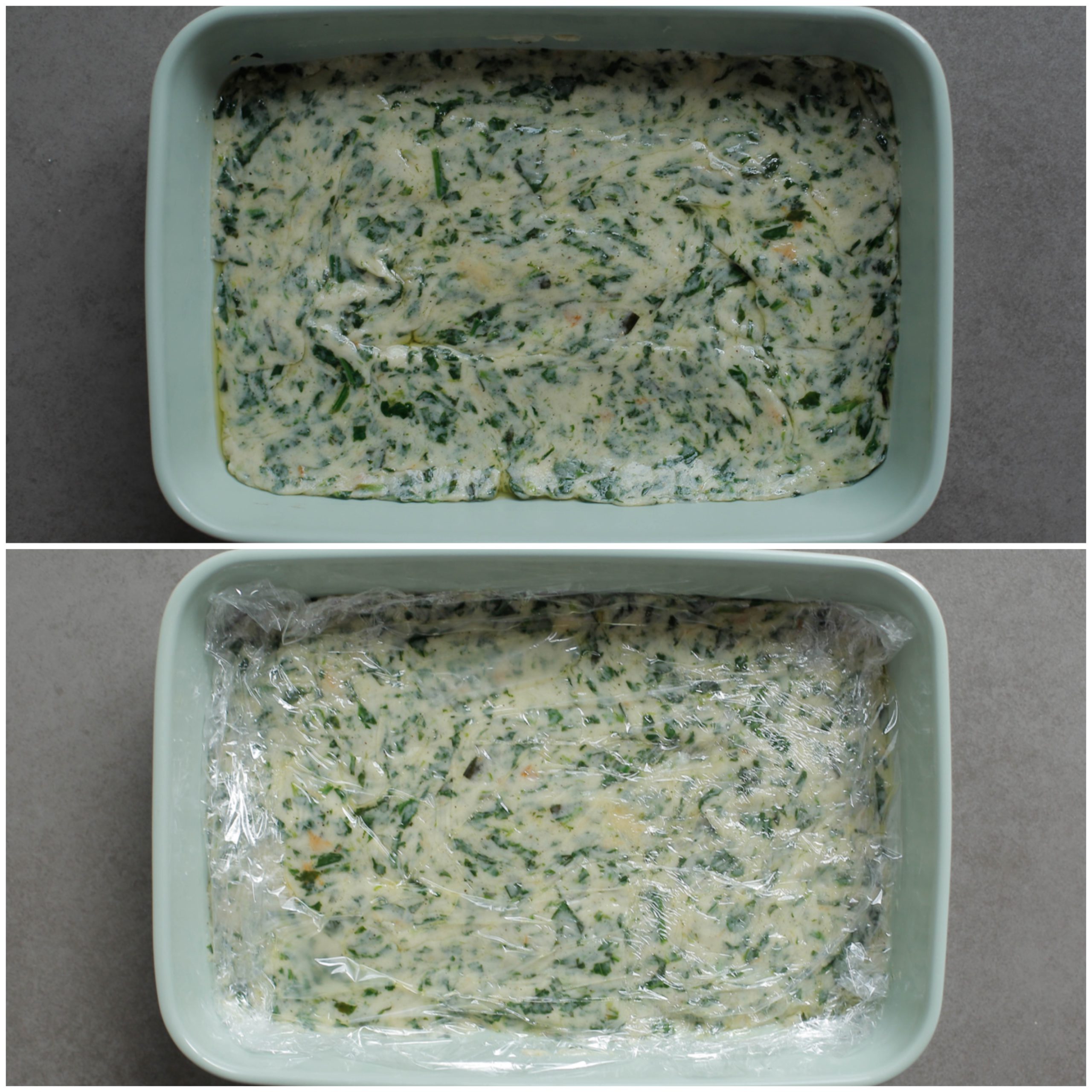 Spinazie kaasmengsel in een bakvorm doen en invriezen
