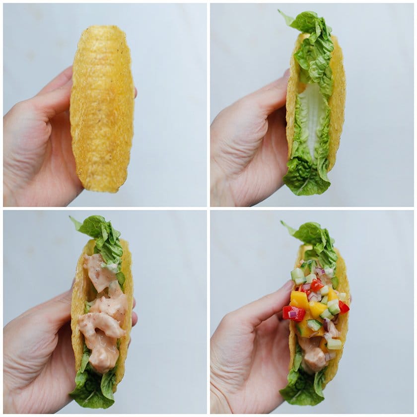 Taco shells vullen met groenten en garnaalmengsel
