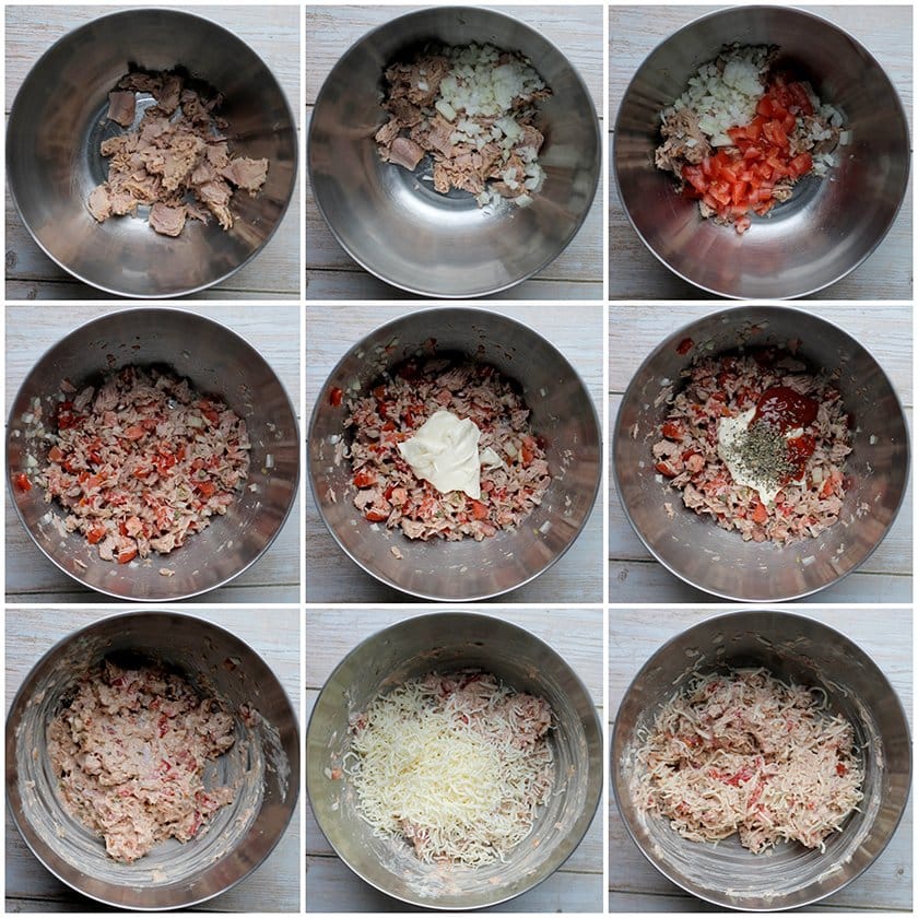 Tonijn mengen met groenten en saus tot een mengsel