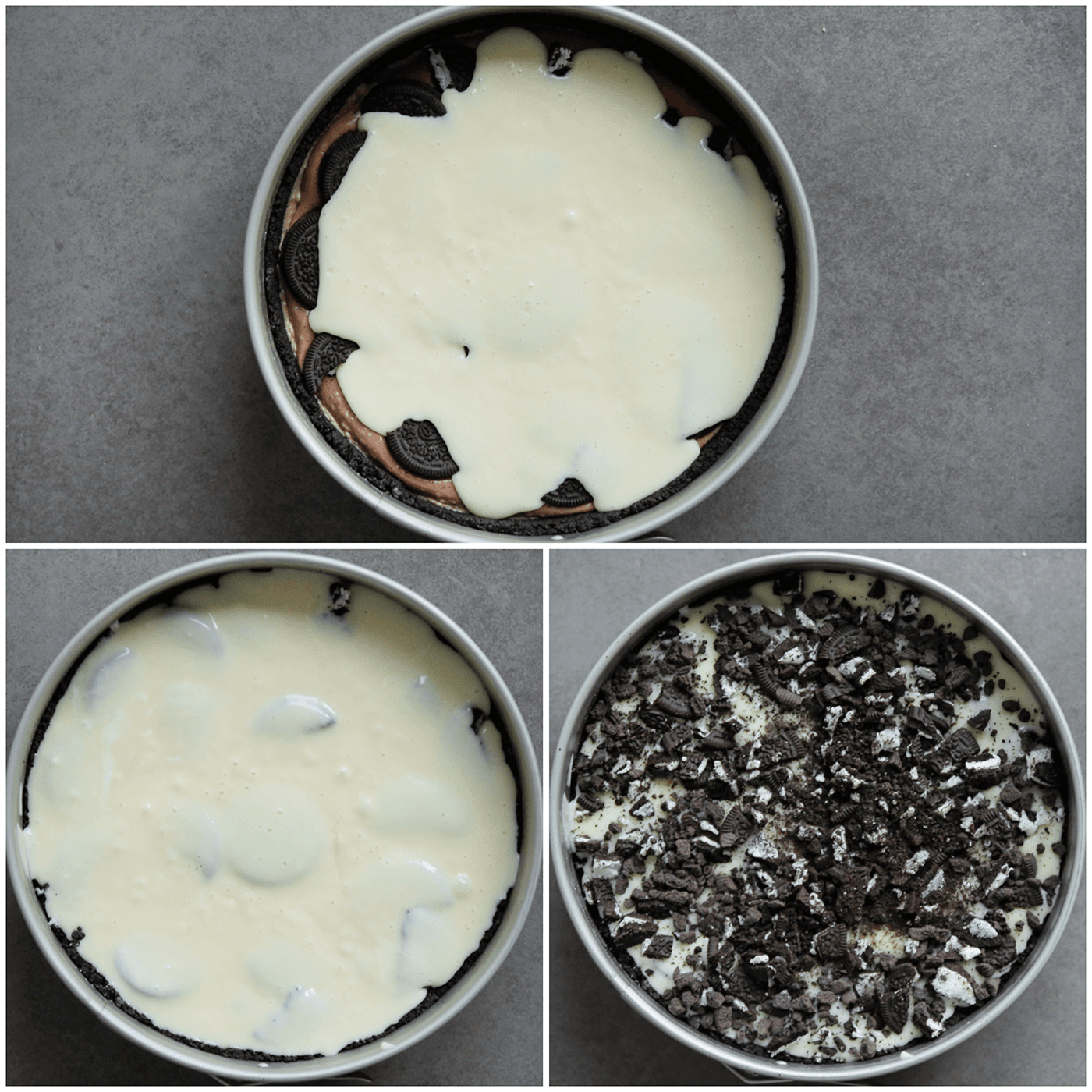 Witte chocolade roommengsel verdelen over de melkchocolade laag en afmaken met oreokruimels