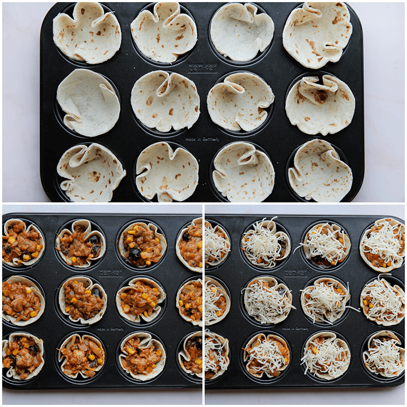 Wraps in muffin bakvorm vullen met het kipmengsel