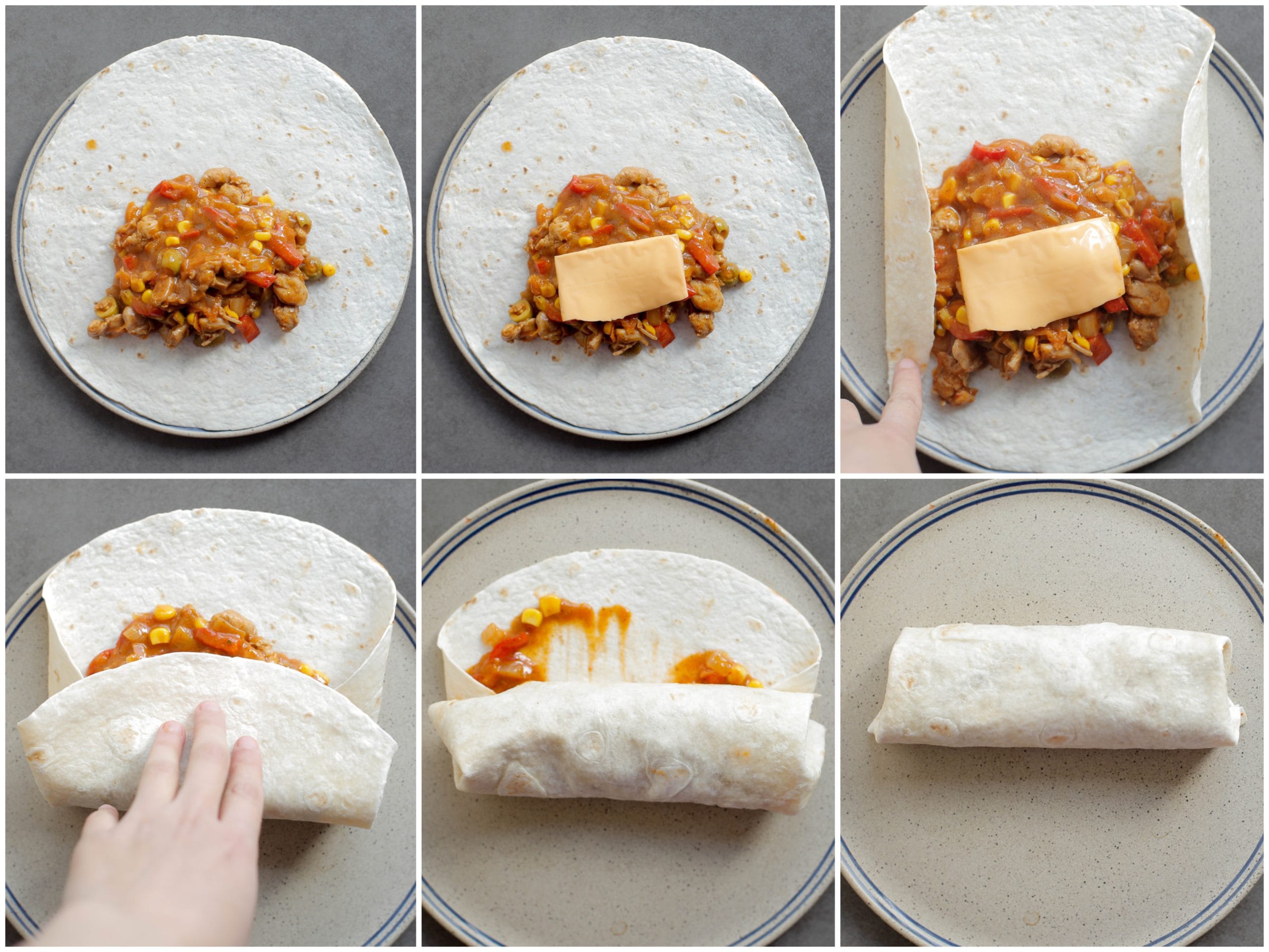 Wraps vullen met het kipmengsel en inrollen