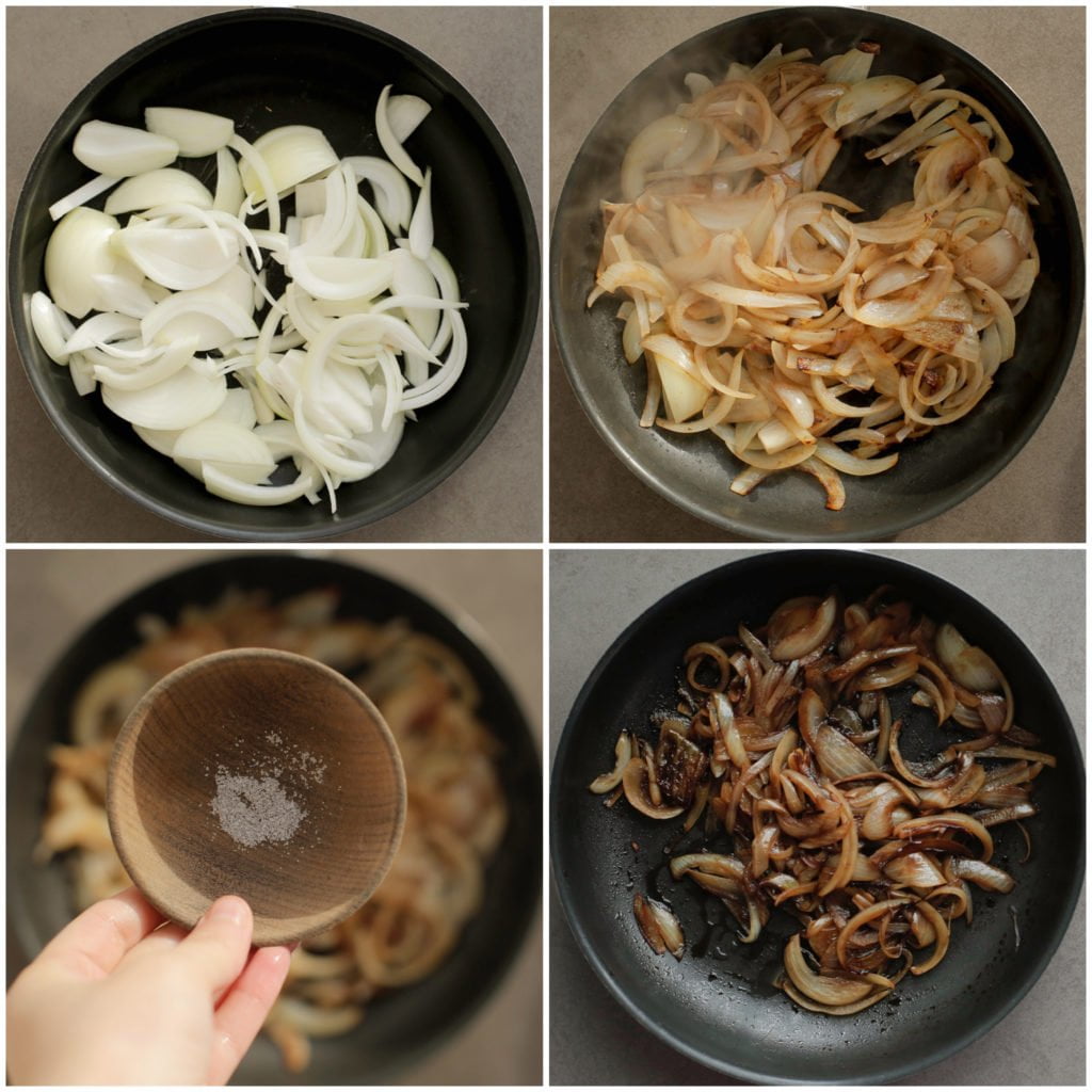 Verhit de zonnebloemolie in een koekenpan op hoog vuur. Voeg de gele ui toe en bak tot de randen mooi goudbruin kleuren. Zet het vuur laag en bak, afgedekt, 15 minuten. Voeg het zout en de ketjap manis toe. Meng goed. Bak 5 minuten. Schep de gekarameliseerde ui eruit en leg apart.