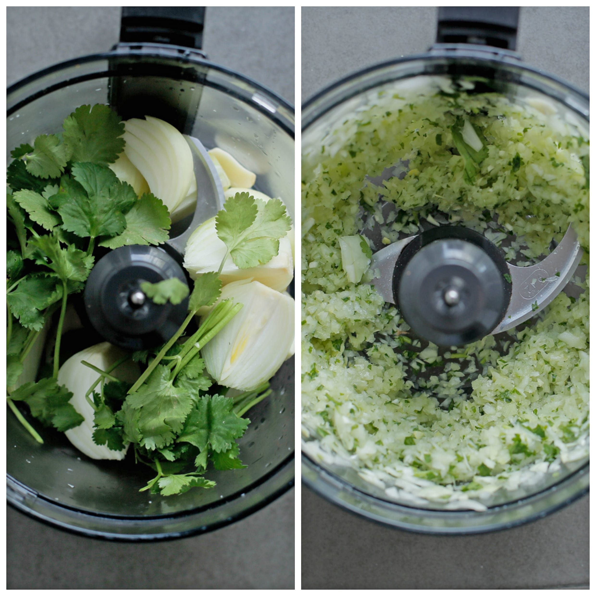 gele ui, koriander, knoflook in hakmolen