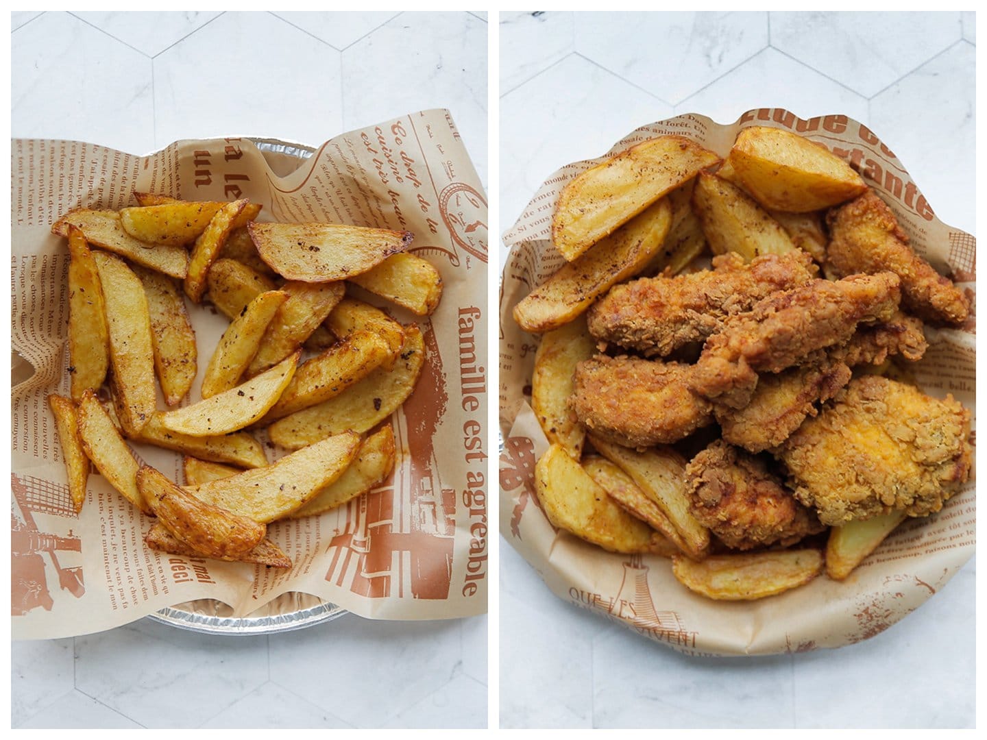 Aardappel friet en krokante kip op een schaal met bakpapier