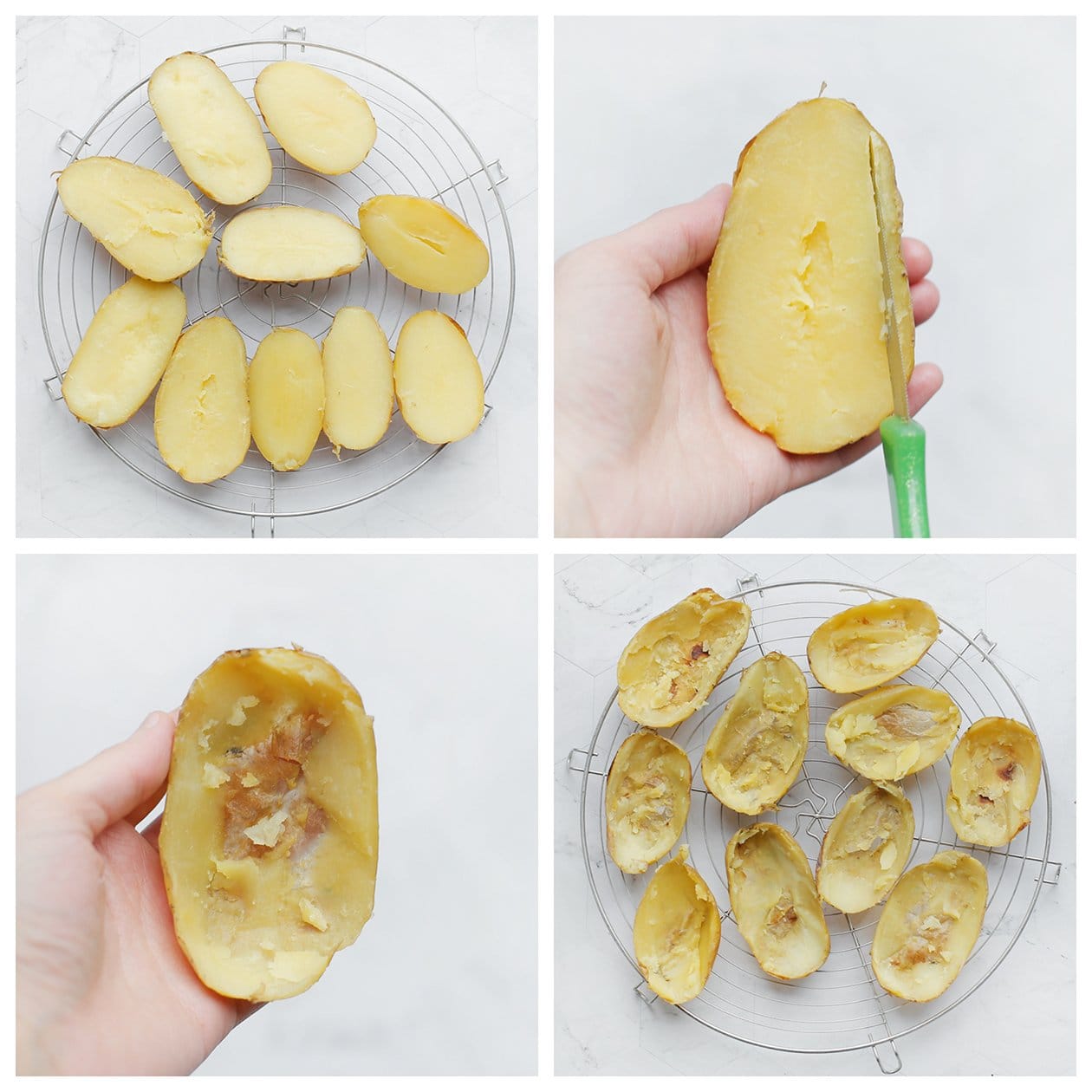 Aardappels doormidden snijden en de vulling eruit scheppen