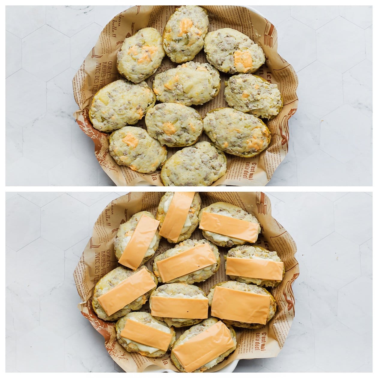 Aardappels garneren met saus en cheddar kaas