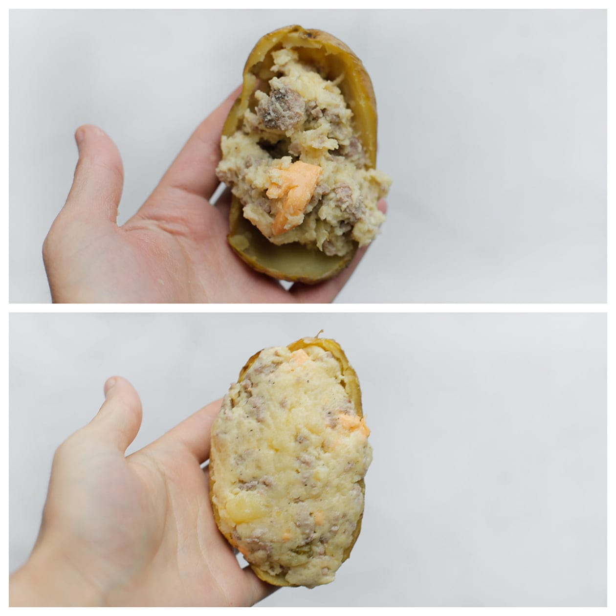 Aardappels goed vullen met het aardappelmengsel