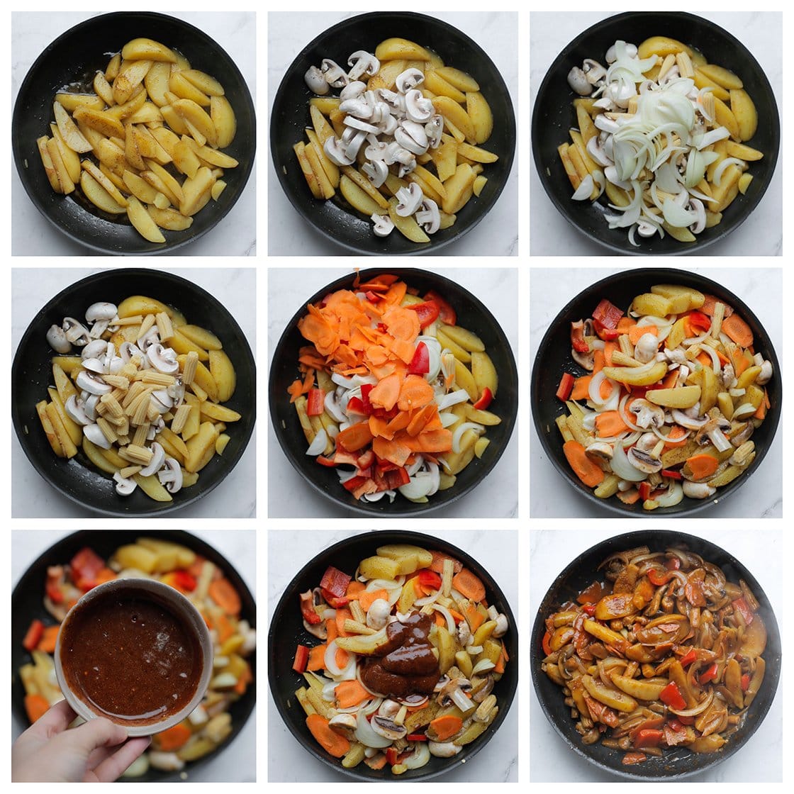 Aardappels koken met groenten en saus in een koekenpan