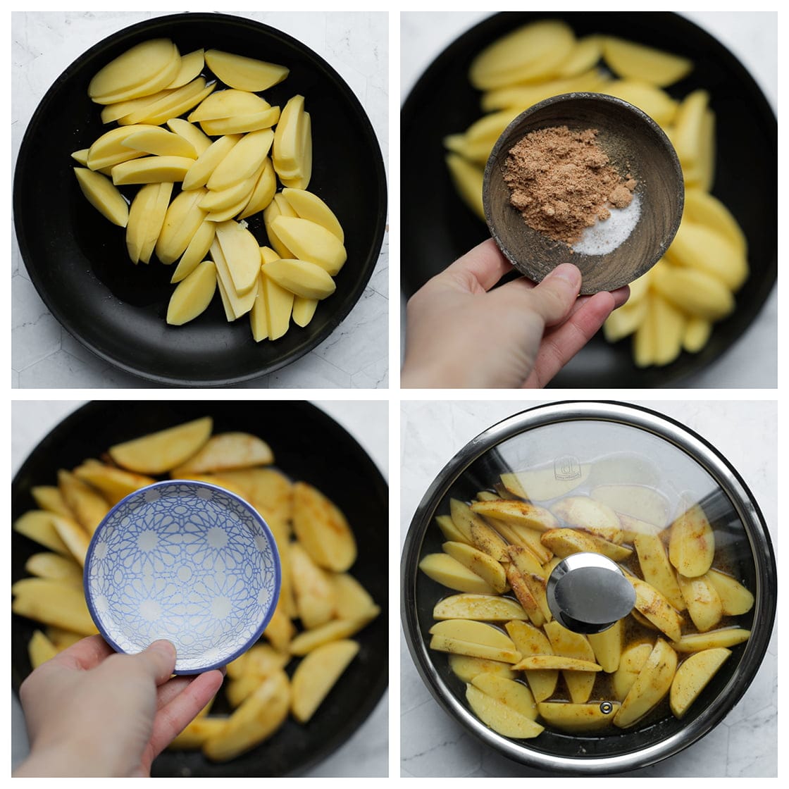 Aardappels zacht koken met kruiden in een koekenpan