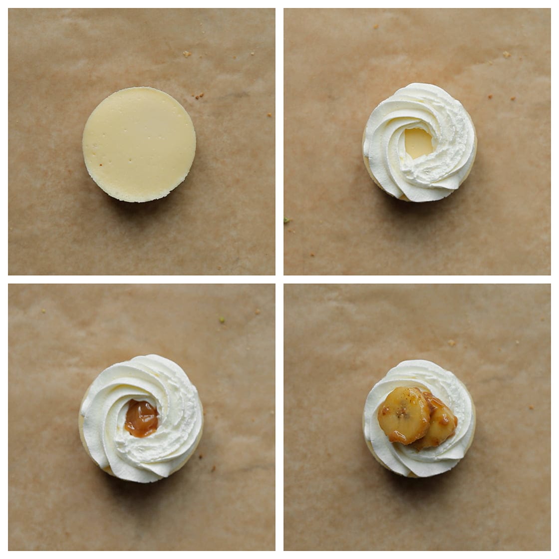 Banoffee cheesecakes garneren met room, karamel en gekarameliseerde banaan