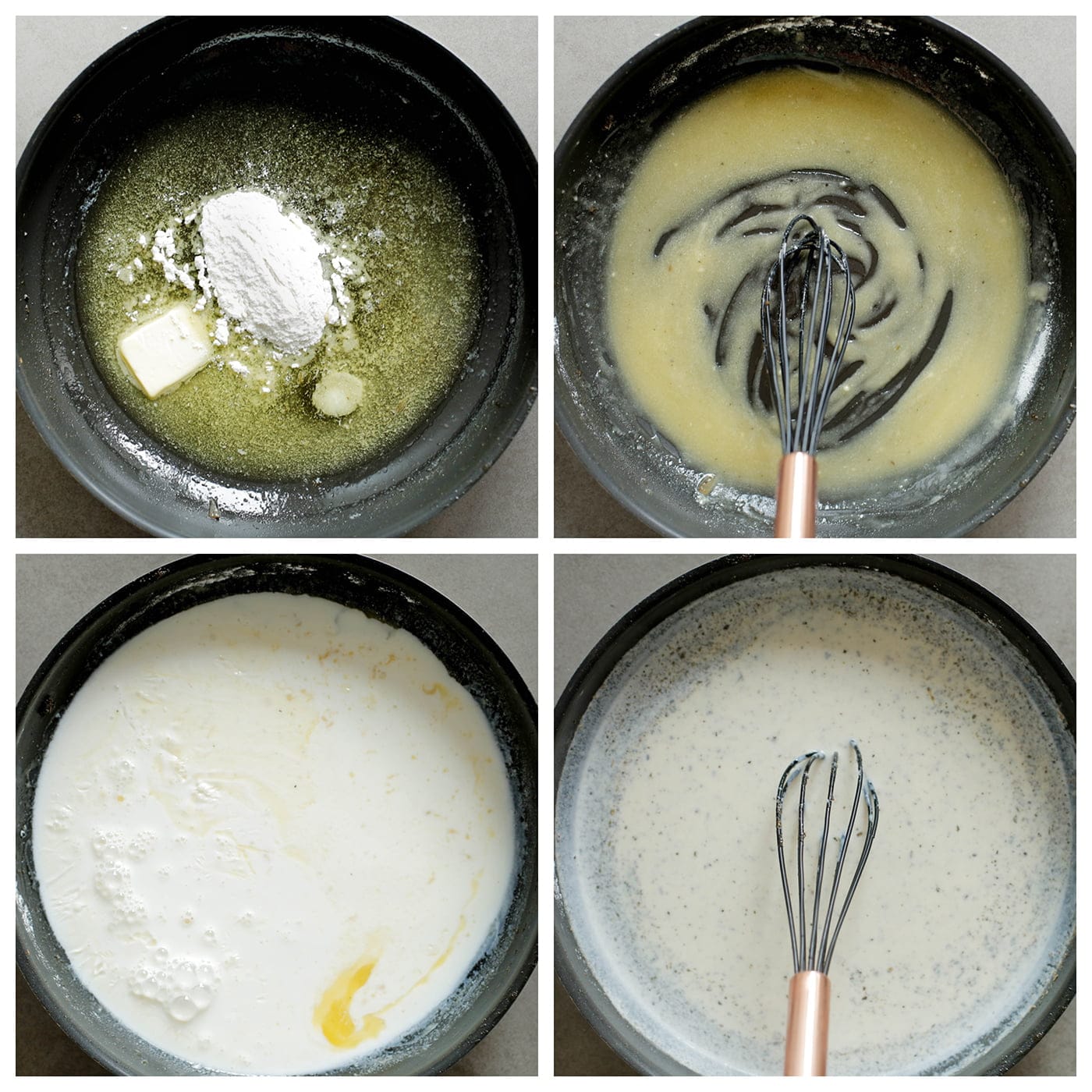 Bechamelsaus koken in een koekenpan (begin)