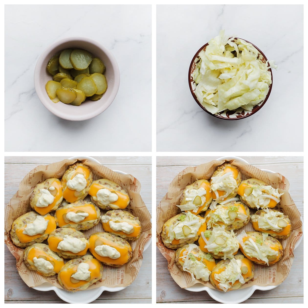 Big mac aardappels garneren met saus, augurk en sla