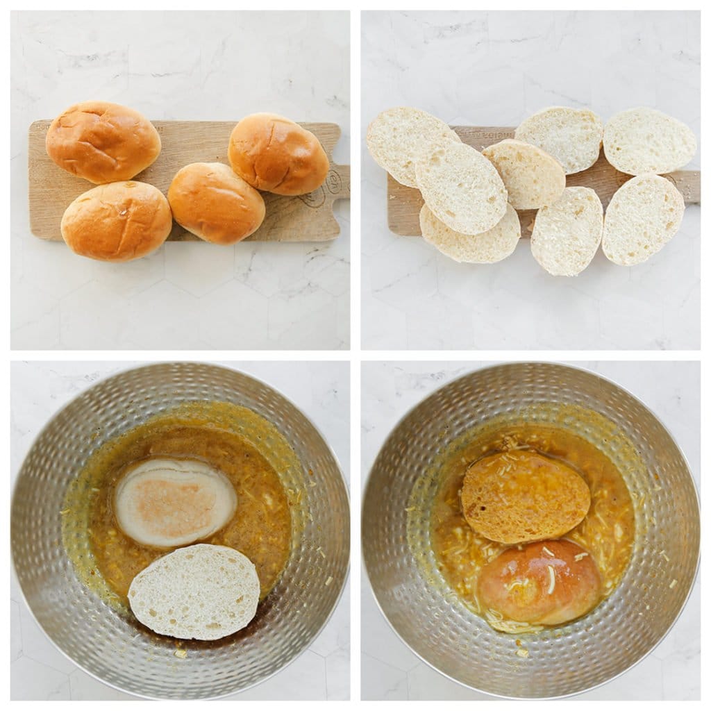 Snijd de broodjes door twee. Haal deze door het eimengsel.