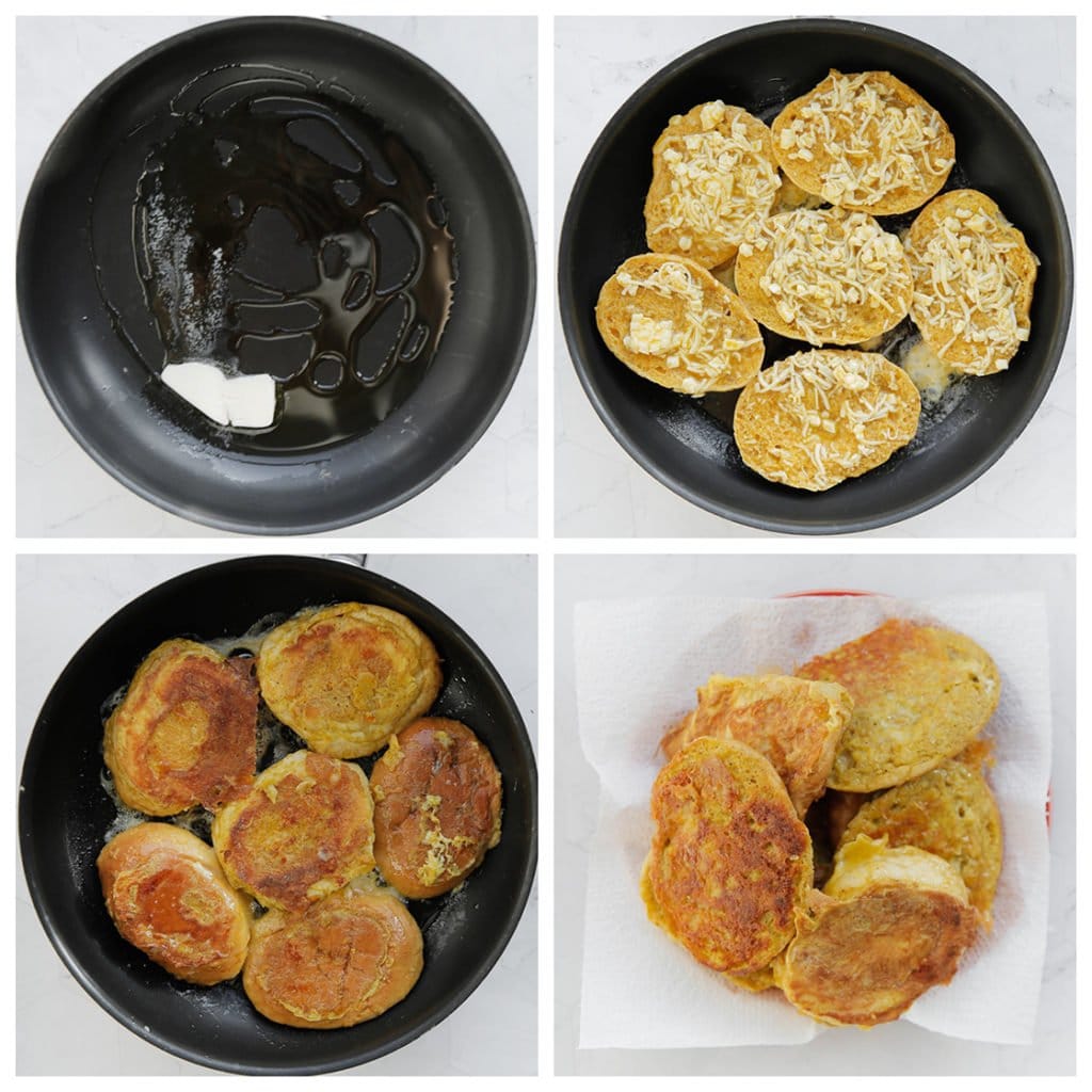 Verhit de olijfolie samen met de roomboter in een koekenpan op niet al te hoog vuur. Bak de broodjes aan beiden kanten goudbruin.