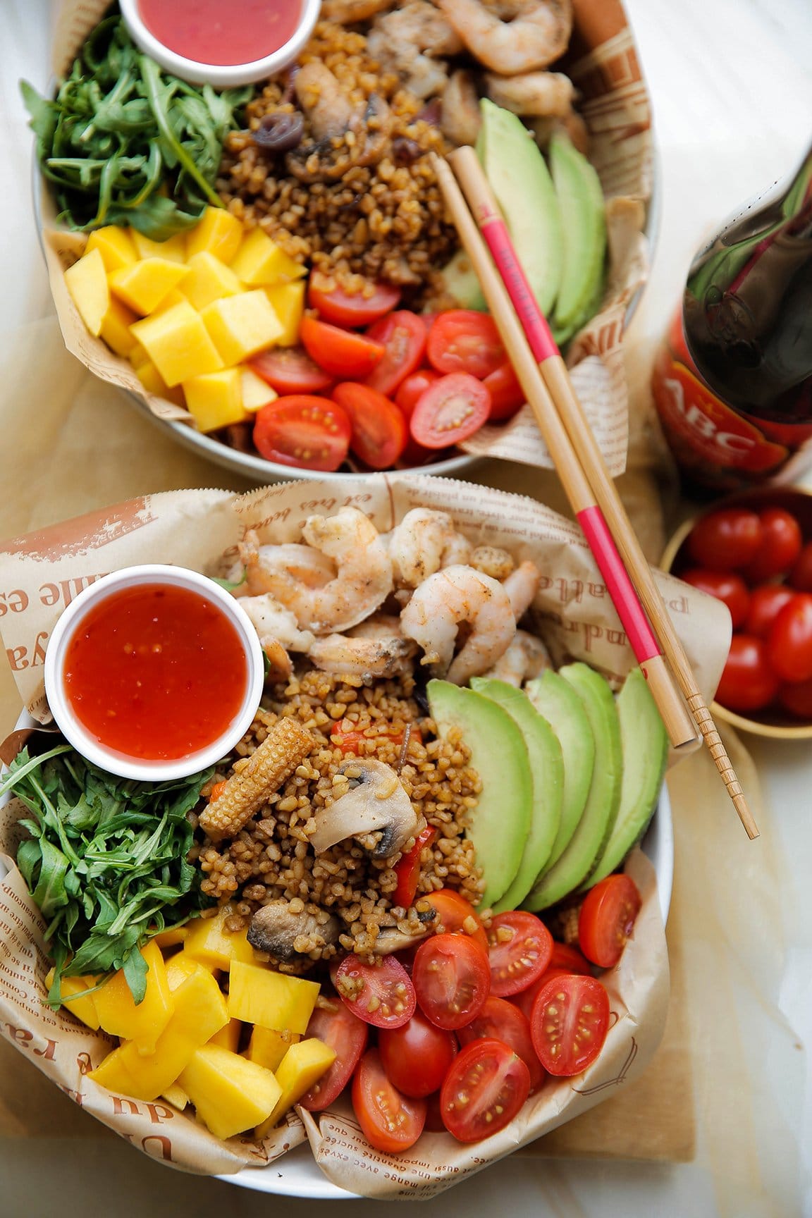 Bulgur bowl met garnalen eindresultaat