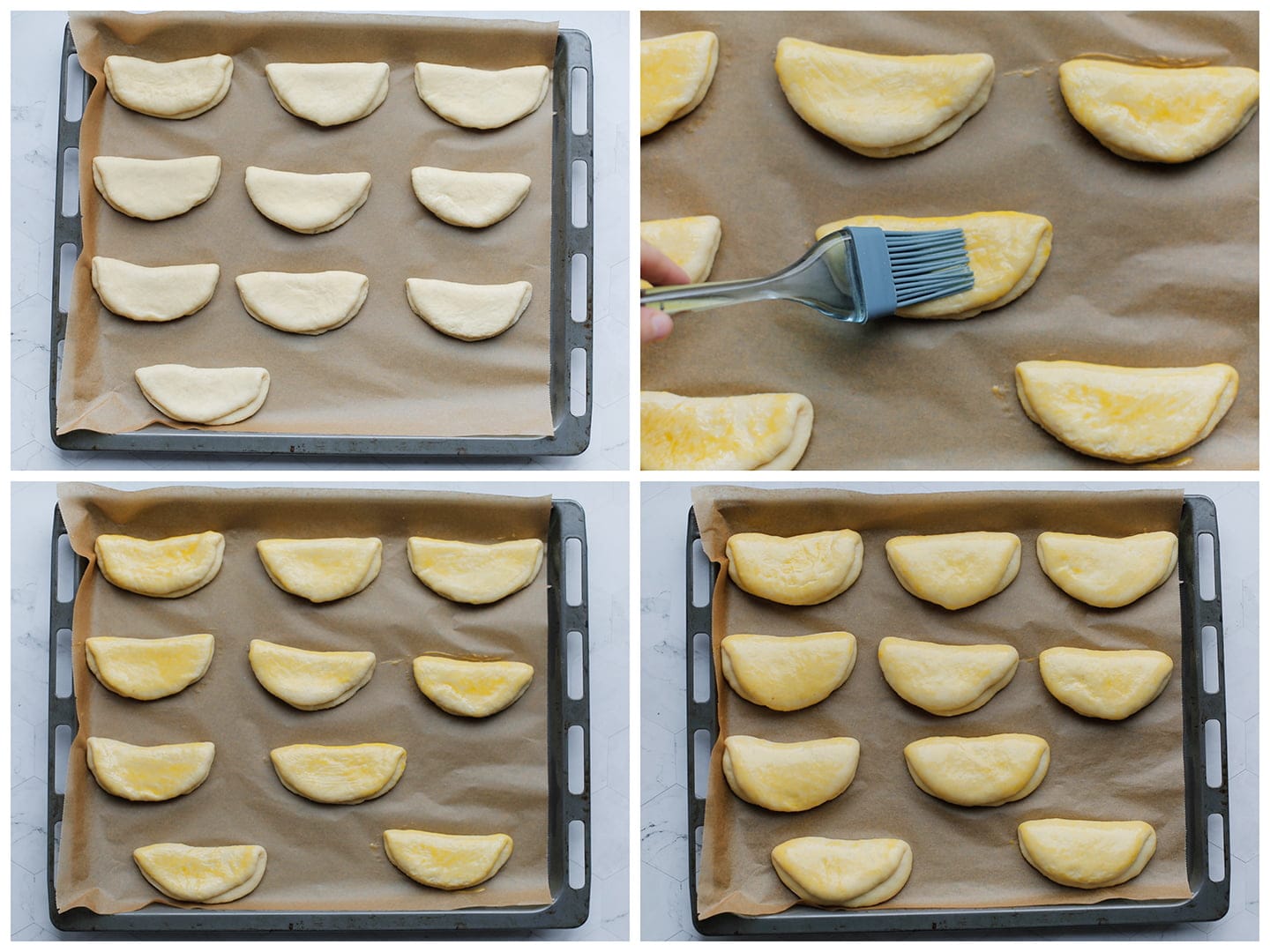 Deeg insmeren met het eigeel en tweede rijs