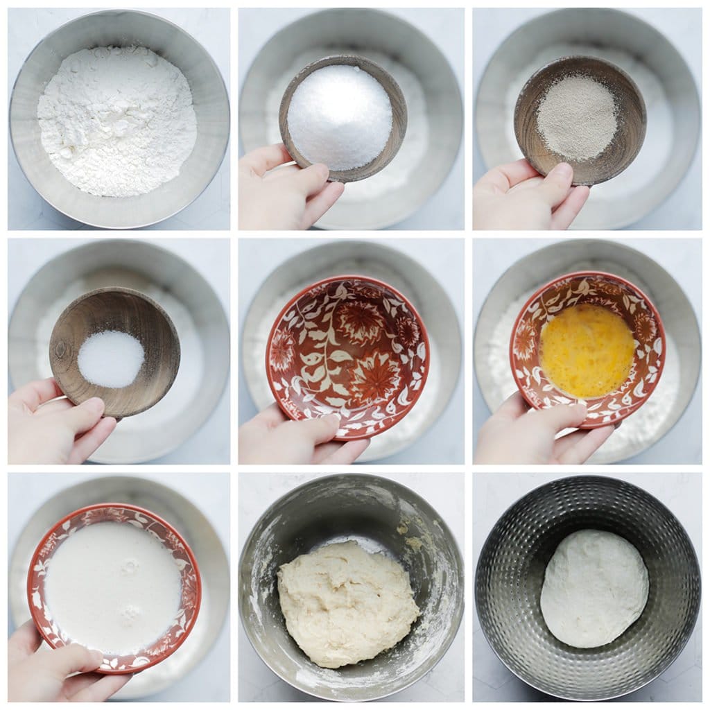 Doe de bloem, suiker, vanillesuiker, gist en het zout in een kom. Meng goed. Voeg de zonnebloemolie, het geklutst ei en de lauwwarme melk toe. Meng/kneed een paar minuten goed samen en laat het dan 10 minuten rusten (dit i.v.m. met de plakkerigheid van het deeg). Na 10 minuten zal het kneden makkelijker gaan. Kneed 5 minuten.