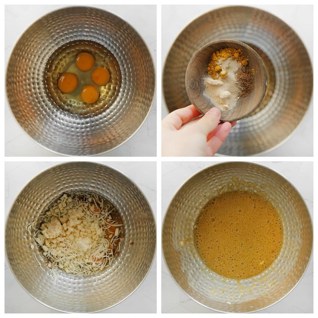 Breek de eieren boven een diepe kom. Voeg de currypoeder, het zout, de zwarte peper, uienpoeder, komijn en geraspte kaas toe. Meng goed.