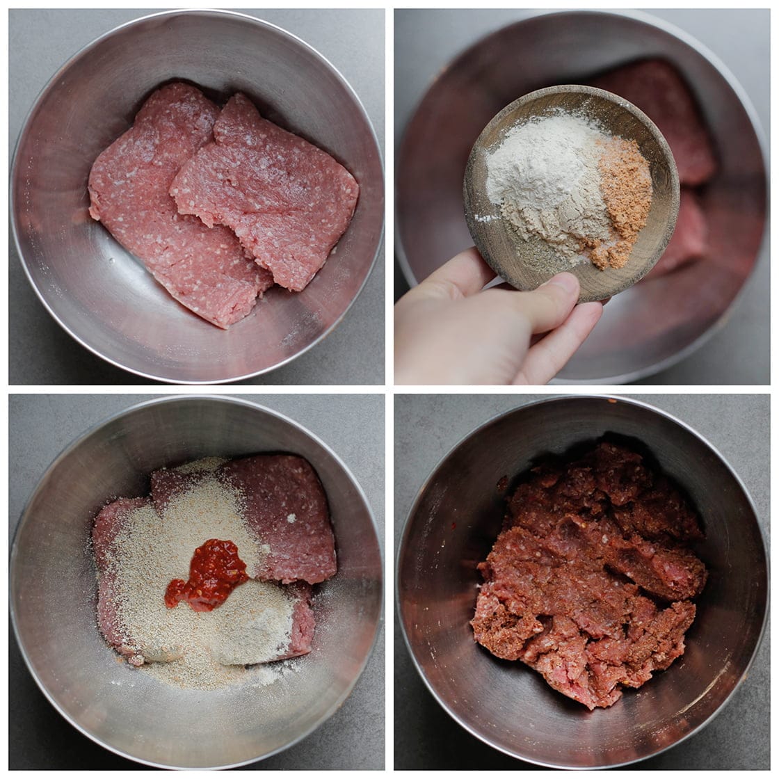 Doe het gehakt in een diepe kom. Voeg het zout, de ras el kouzina, uienpoeder, knoflookpoeder, zwarte peper, paneermeel en sambal toe. Meng goed.