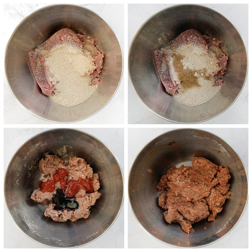 Doe het gehakt, paneermeel, zout, de knoflookpoeder, uienpoeder, komijn en zwarte peper in een diepe kom. Meng goed. Voeg de ketjap manis, ketchup en sambal toe. Meng tot een geheel.