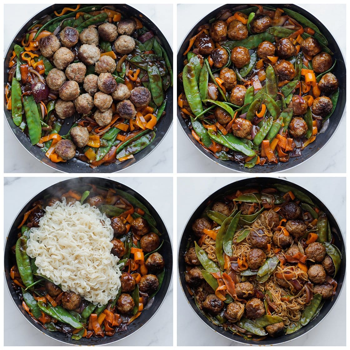 Gehaktballen en noedels toevoegen aan het groentemengsel